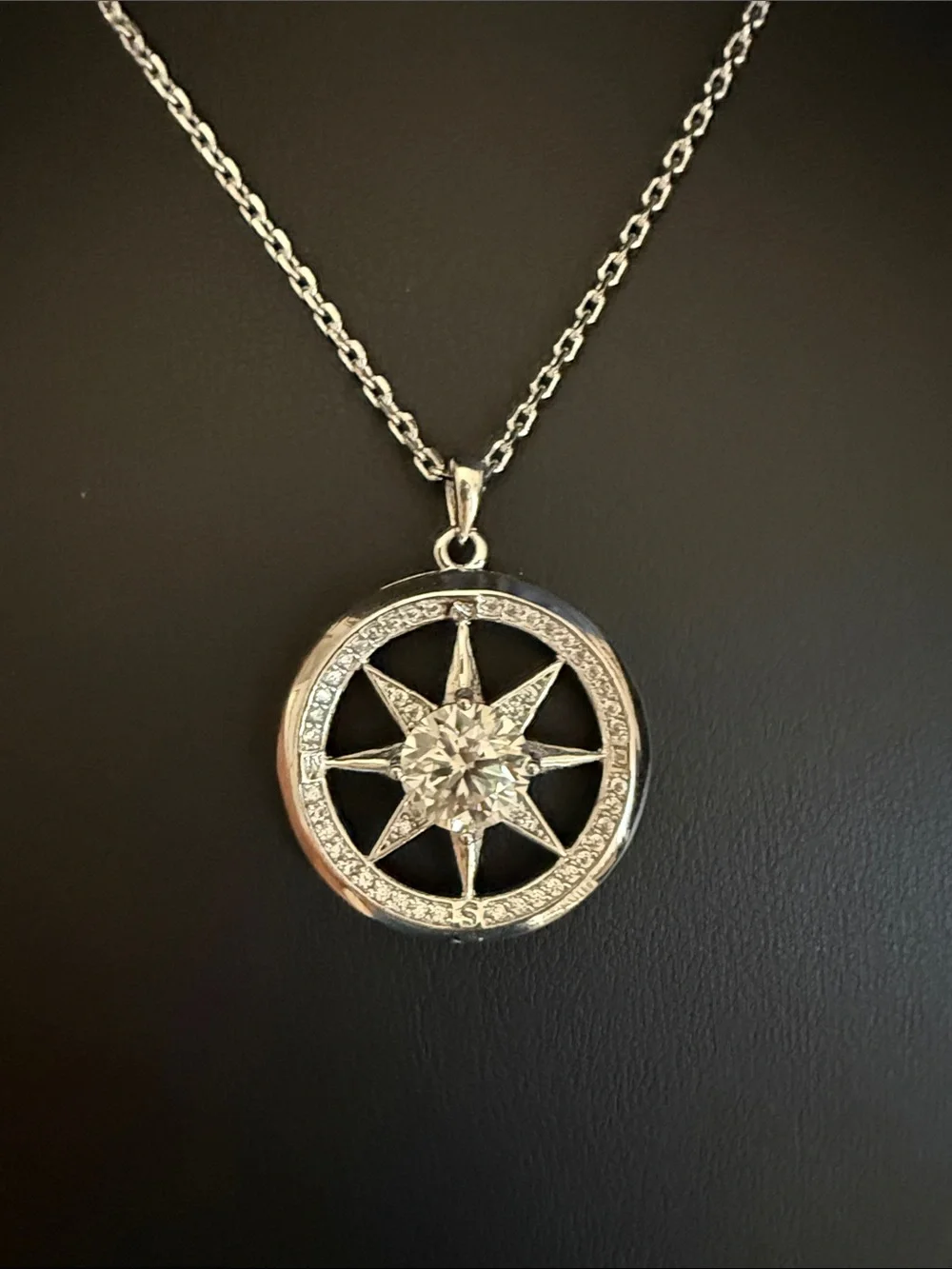 18K White Gold Plated Star Compass 2 CTW Moissanite Pendant Necklace NEW in Box
